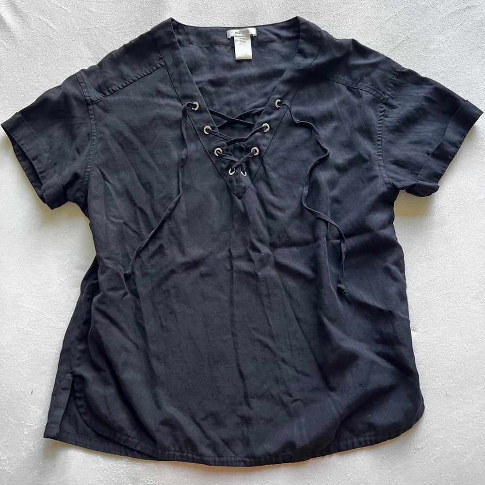 Linen Cotton Blend Matty M Black Lace up detail natural fibers lightweight regal